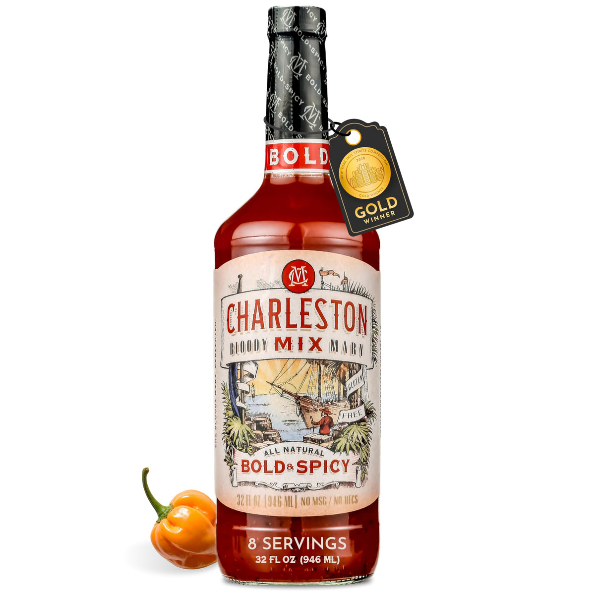 Charleston Mix Bold & Spicy bottle front, elevating cocktails with bold flavor