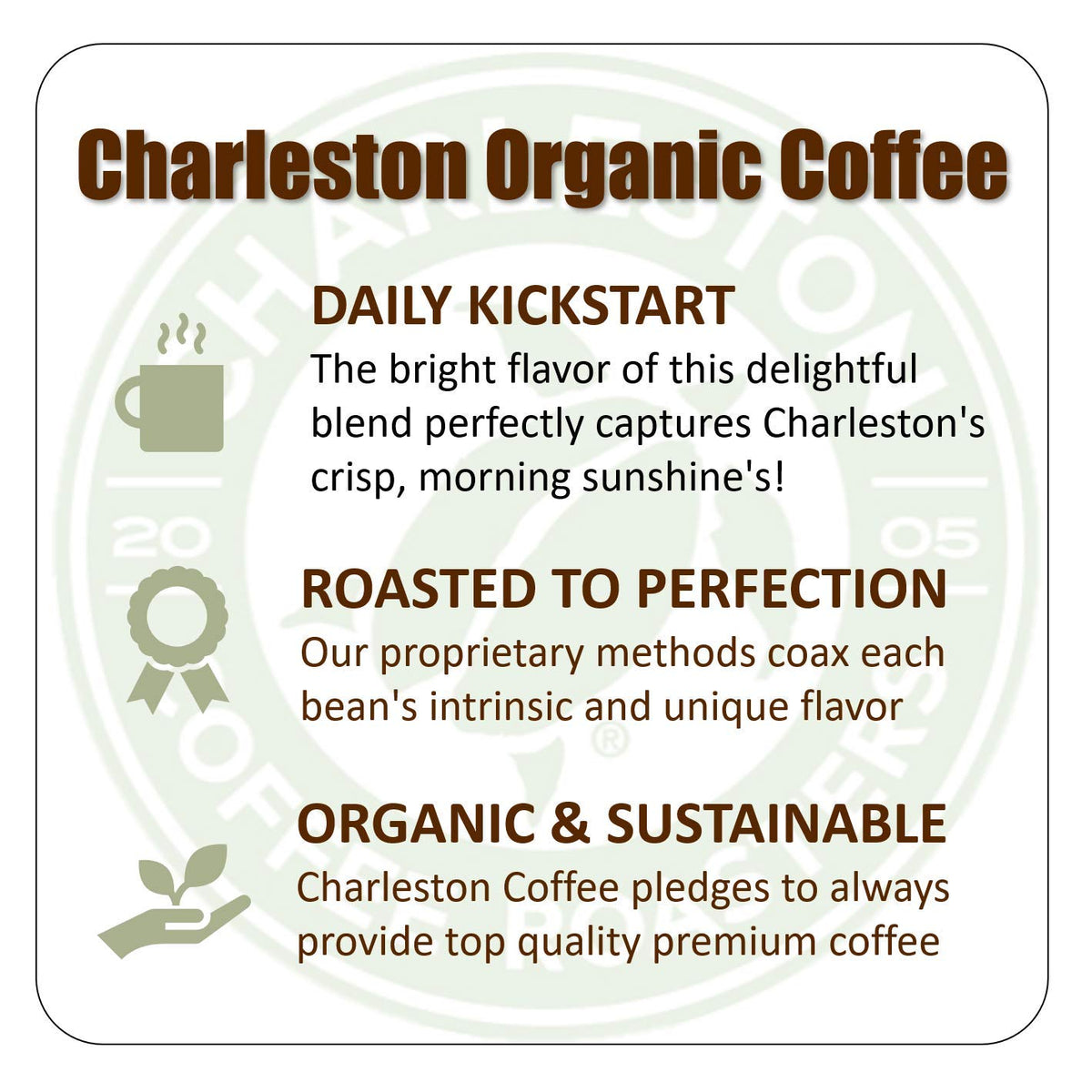 Charleston Organic Ground Coffee bag closeup highlighting organic farming and sustainability.
