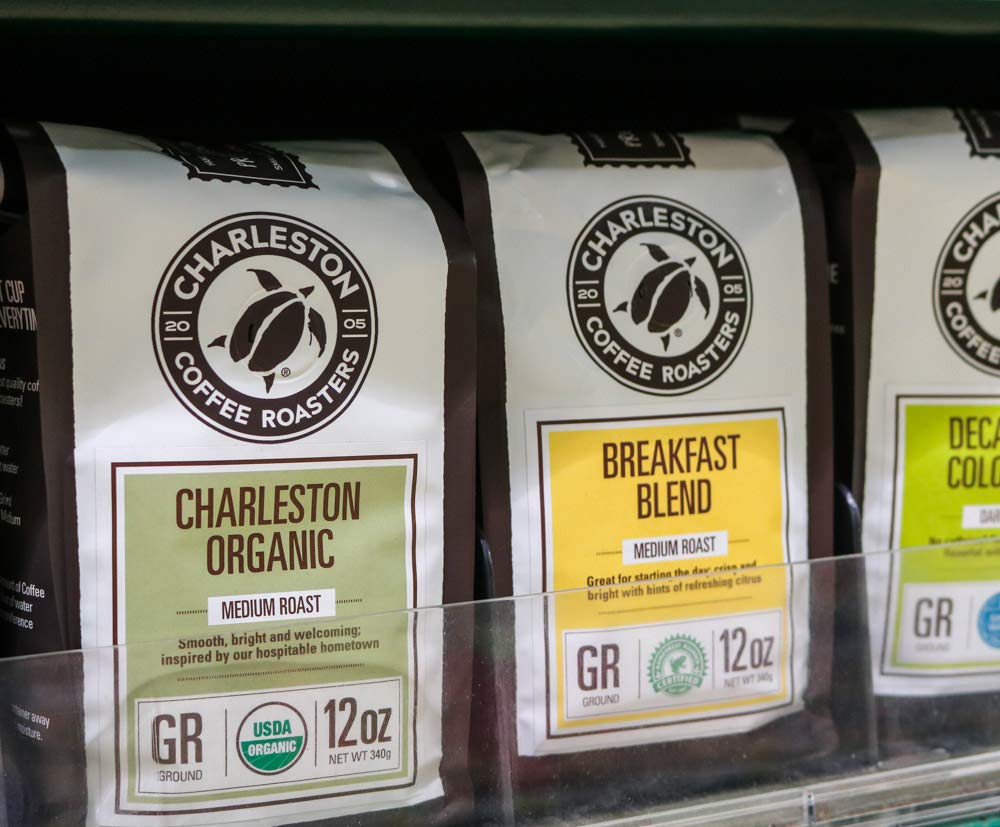 Charleston Organic Ground Coffee origin map highlights diverse sources.