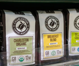 Charleston Organic Ground Coffee origin map highlights diverse sources.