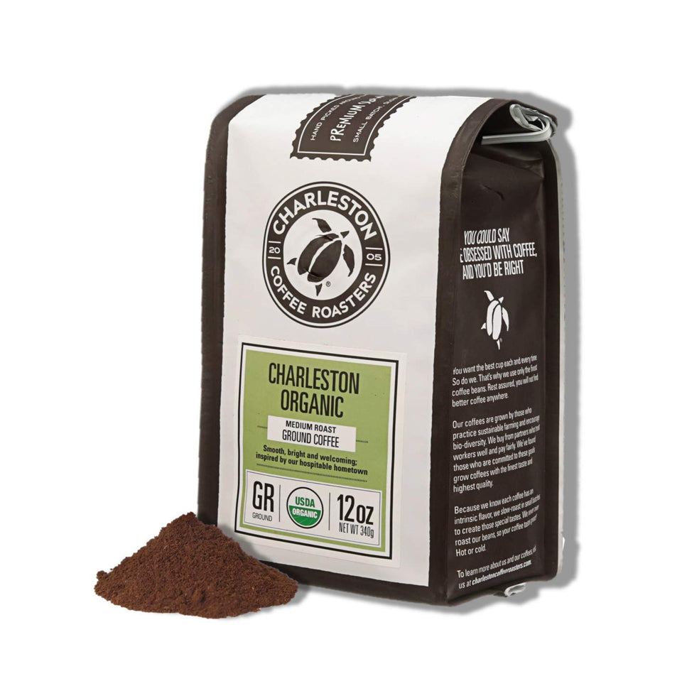 Charleston Organic Ground Coffee pack front showing premium beans for a smooth morning brew.