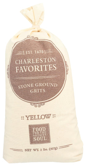 Charleston Stone Ground Grits in a yellow bag, rustic packaging ideal for gifts.