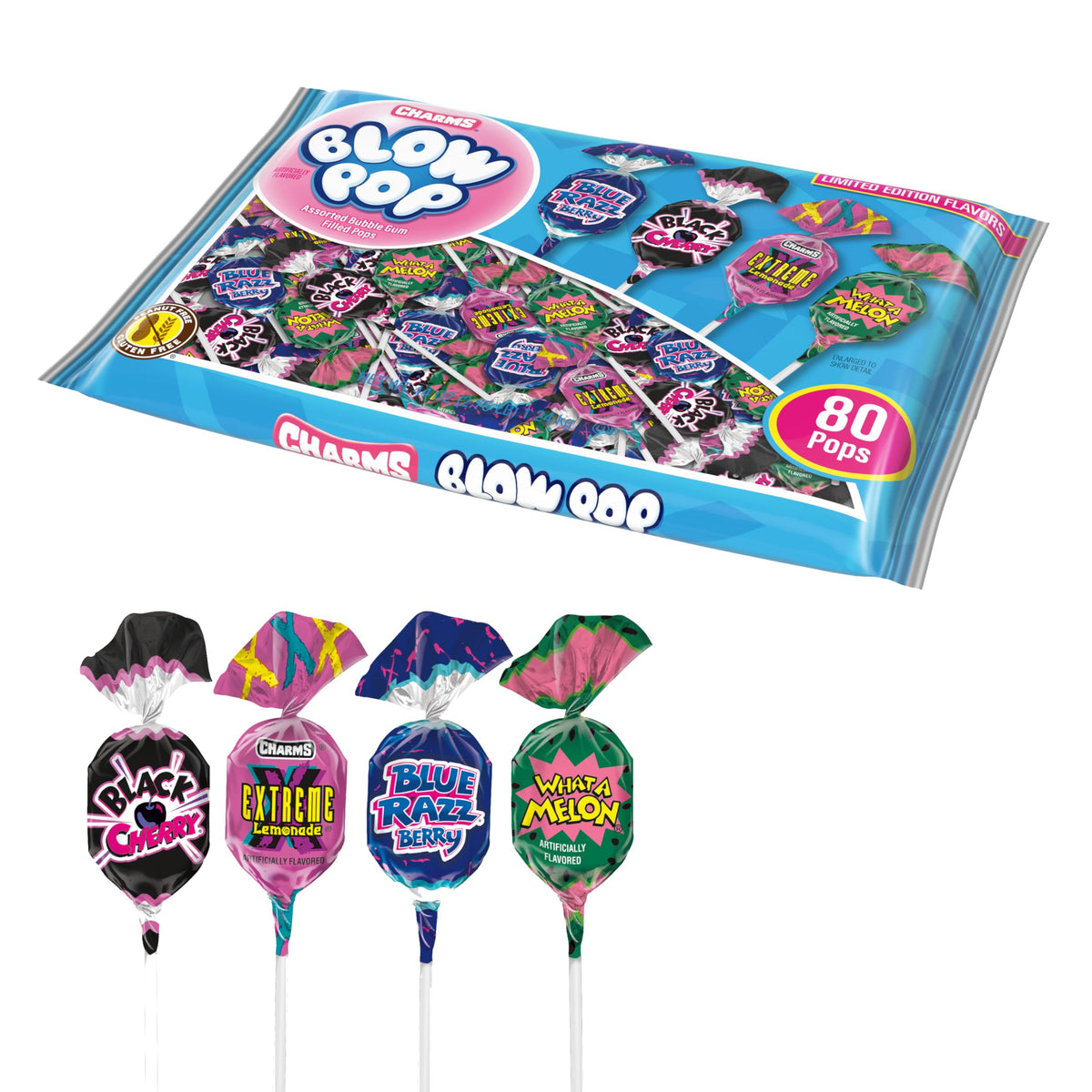 Charms Blow Pop Blue Raspberry with gum center—fun party treat and nostalgic snack.