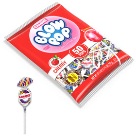 Charms Blow Pop cherry center visible, long-lasting flavor and playful chew.
