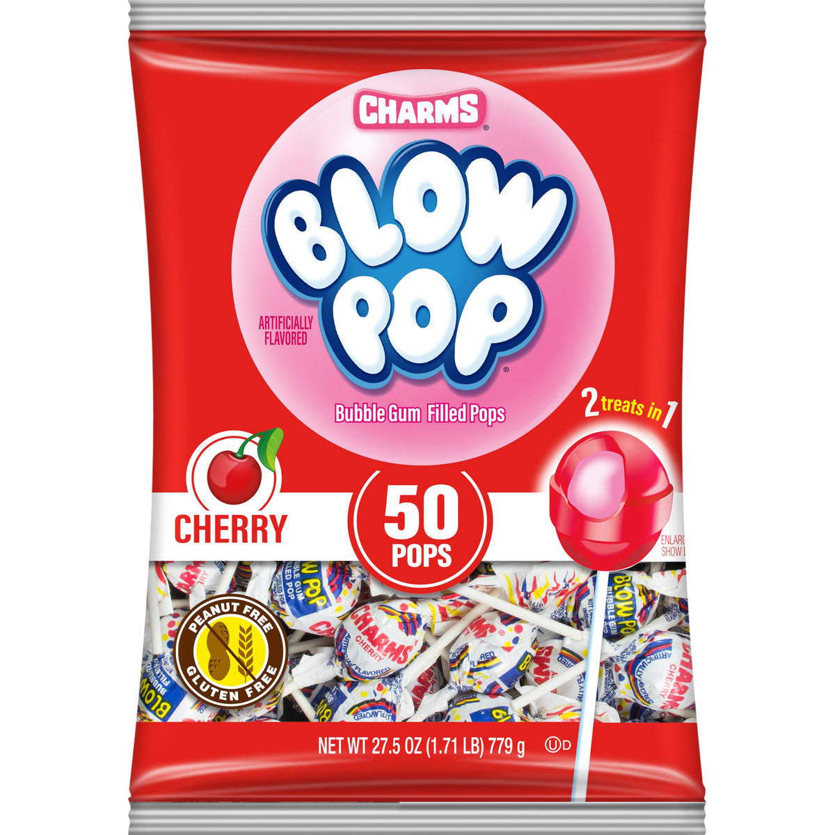 Charms Blow Pop cherry shell with bubble gum center, ideal for kids' parties.