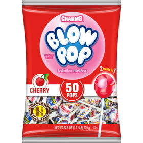 Charms Blow Pop cherry shell with bubble gum center, ideal for kids' parties.