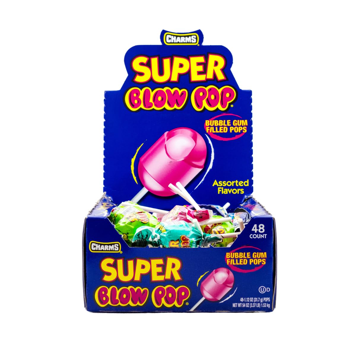 Tootsie Charms Blow Pop with hard candy shell and gum center, ideal for sharing