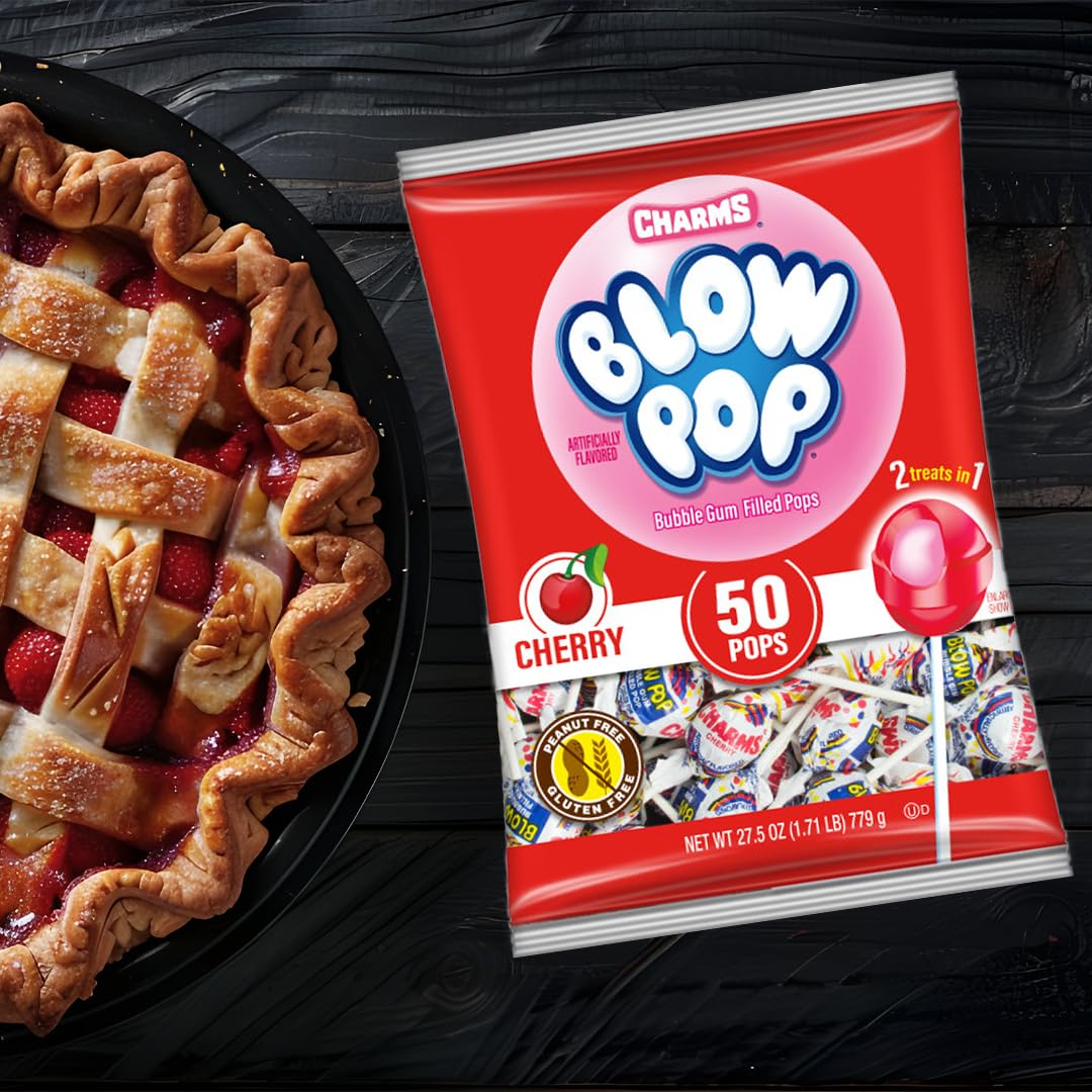 Charms Blow Pop red candy label, peanut-free and gluten-free.