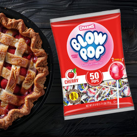 Charms Blow Pop red candy label, peanut-free and gluten-free.