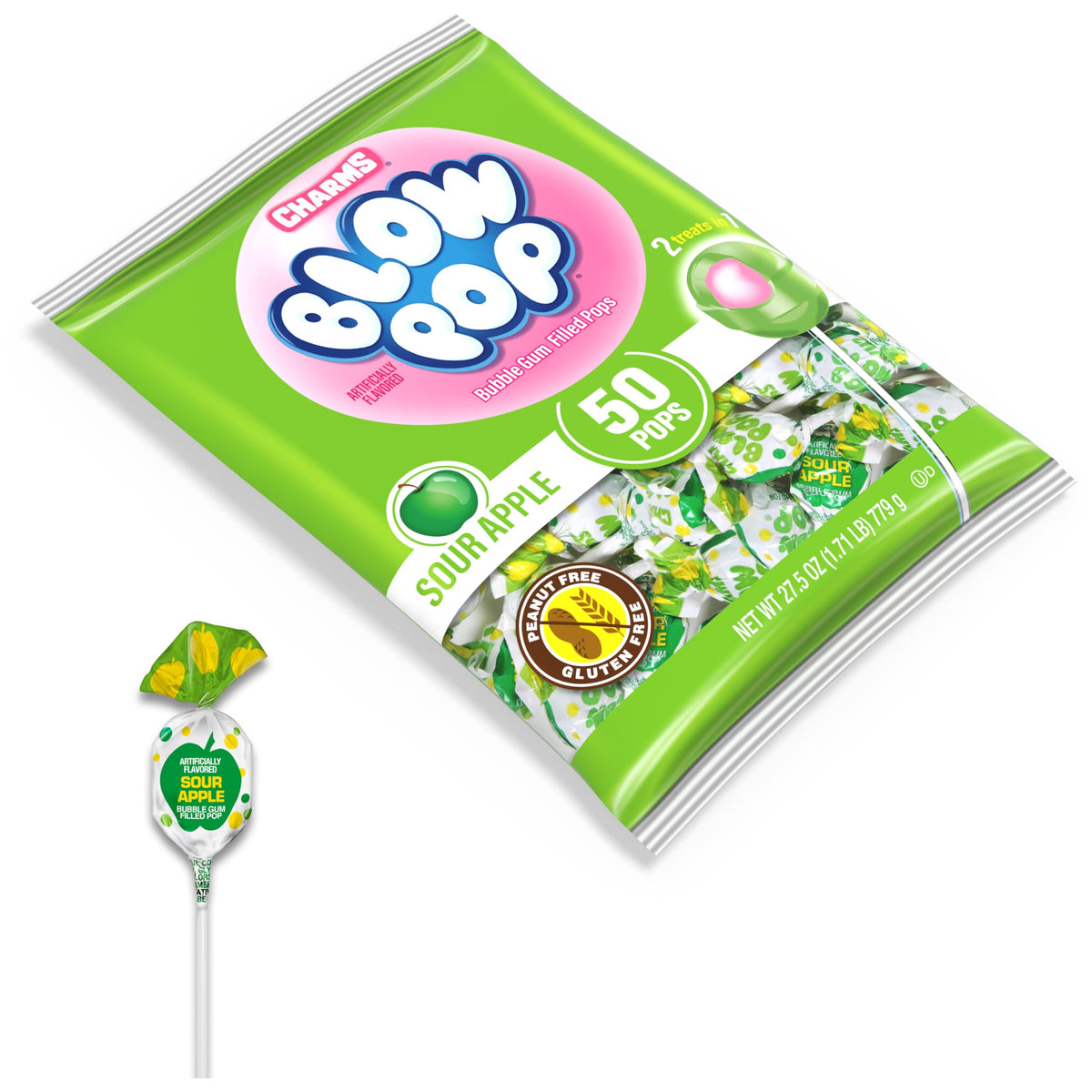 Sour apple flavor inside Charms Blow Pop, with a playful gum center.