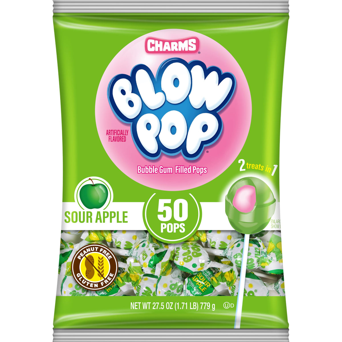 Charms Blow Pop Sour Apple shell with bubble gum center for a dual treat.