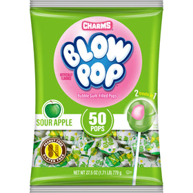 Charms Blow Pop Sour Apple shell with bubble gum center for a dual treat.
