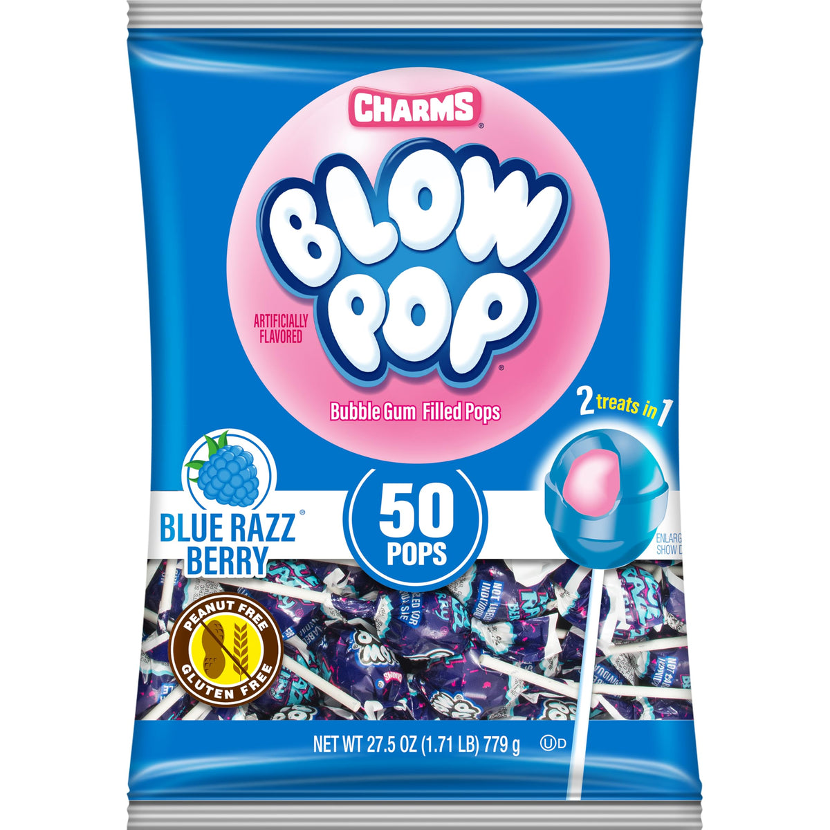 Charms Blow Pops blue raspberry shell with bubble gum center for a dual-texture treat.