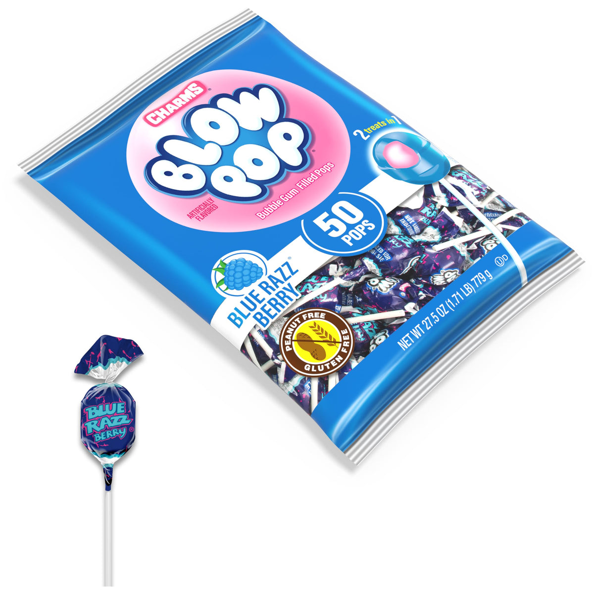 Charms Blow Pops bubble gum center inside blue raspberry candy for playful flavor.