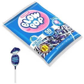 Charms Blow Pops bubble gum center inside blue raspberry candy for playful flavor.