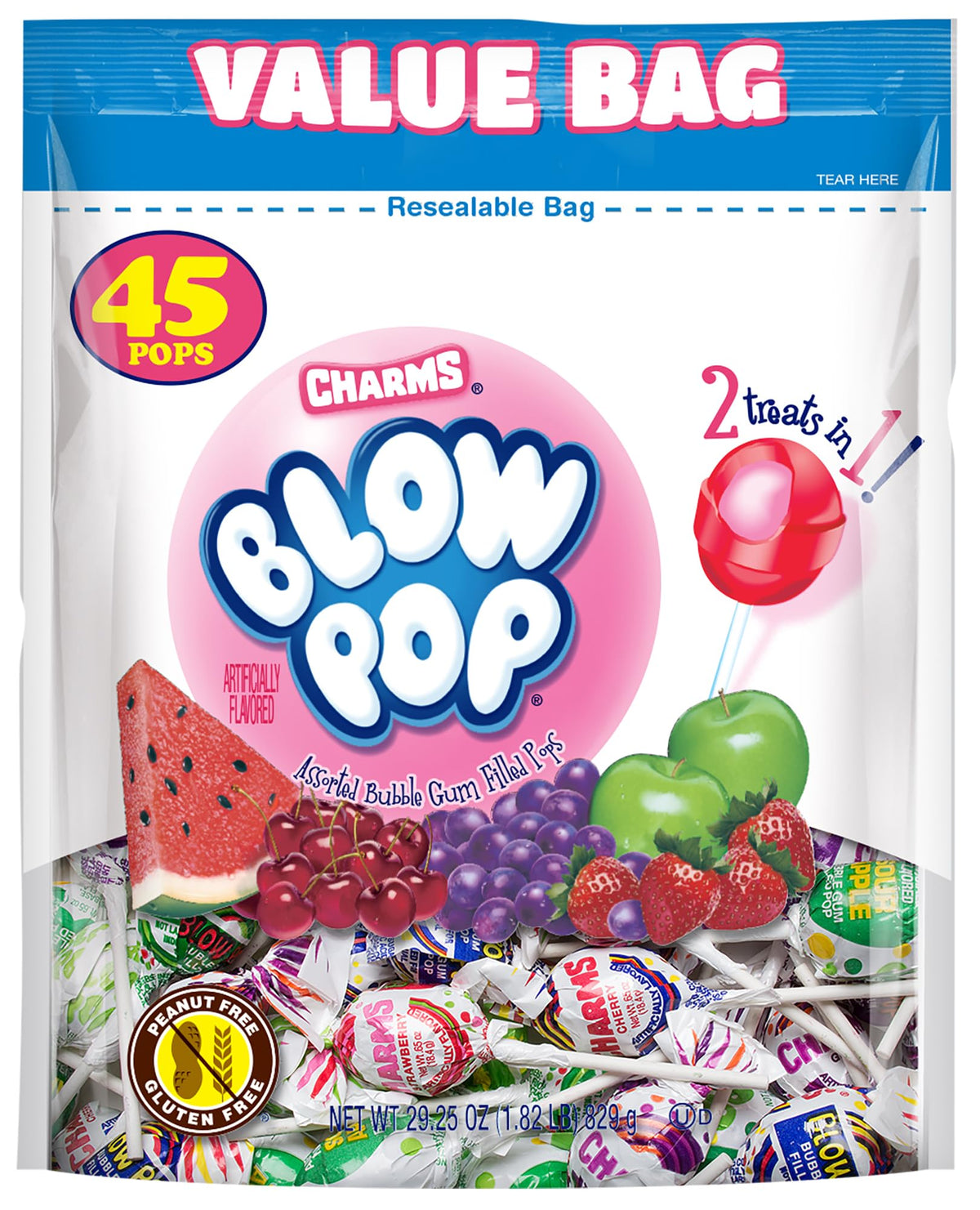 Charms Blow Pops: fruit-shell with gum center for a dual treat.