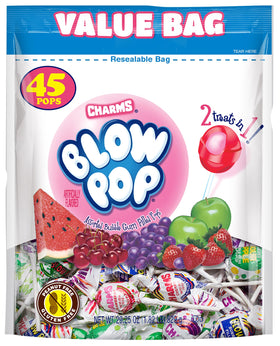 Charms Blow Pops: fruit-shell with gum center for a dual treat.