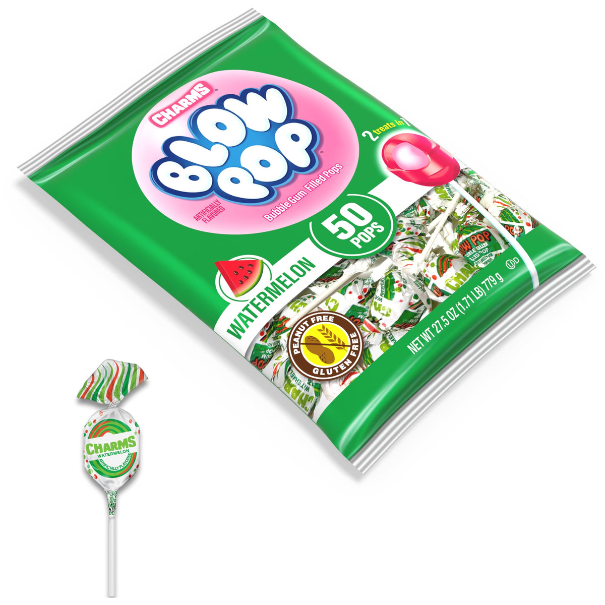 Charms Blow Pops Watermelon gum center close-up, dual-texture appeal for celebrations.