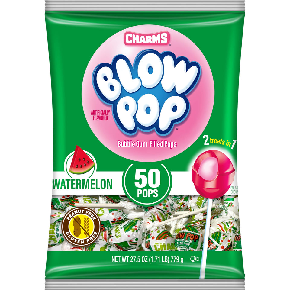 Charms Blow Pops Watermelon shell close-up, ideal for party favors.