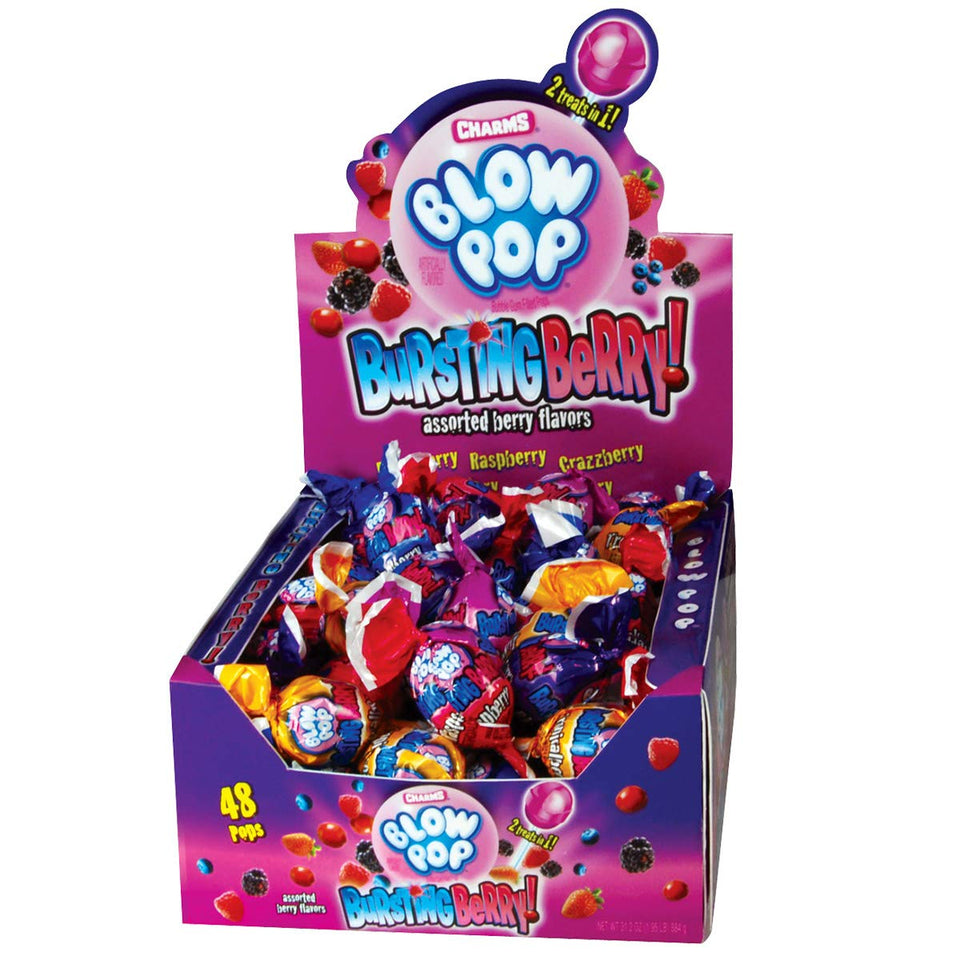 Charms Bursting Berry hard candy shell with gum center, a dual treat for on-the-go snacking.