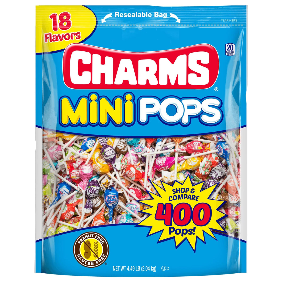 Charms Mini Pops colorful bag showing 18-flavor variety for sharing.
