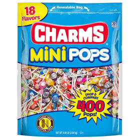 Charms Mini Pops colorful bag showing 18-flavor variety for sharing.