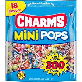 Charms Mini Pops assorted flavors in a 300-count bag for party favors and snack bowls.
