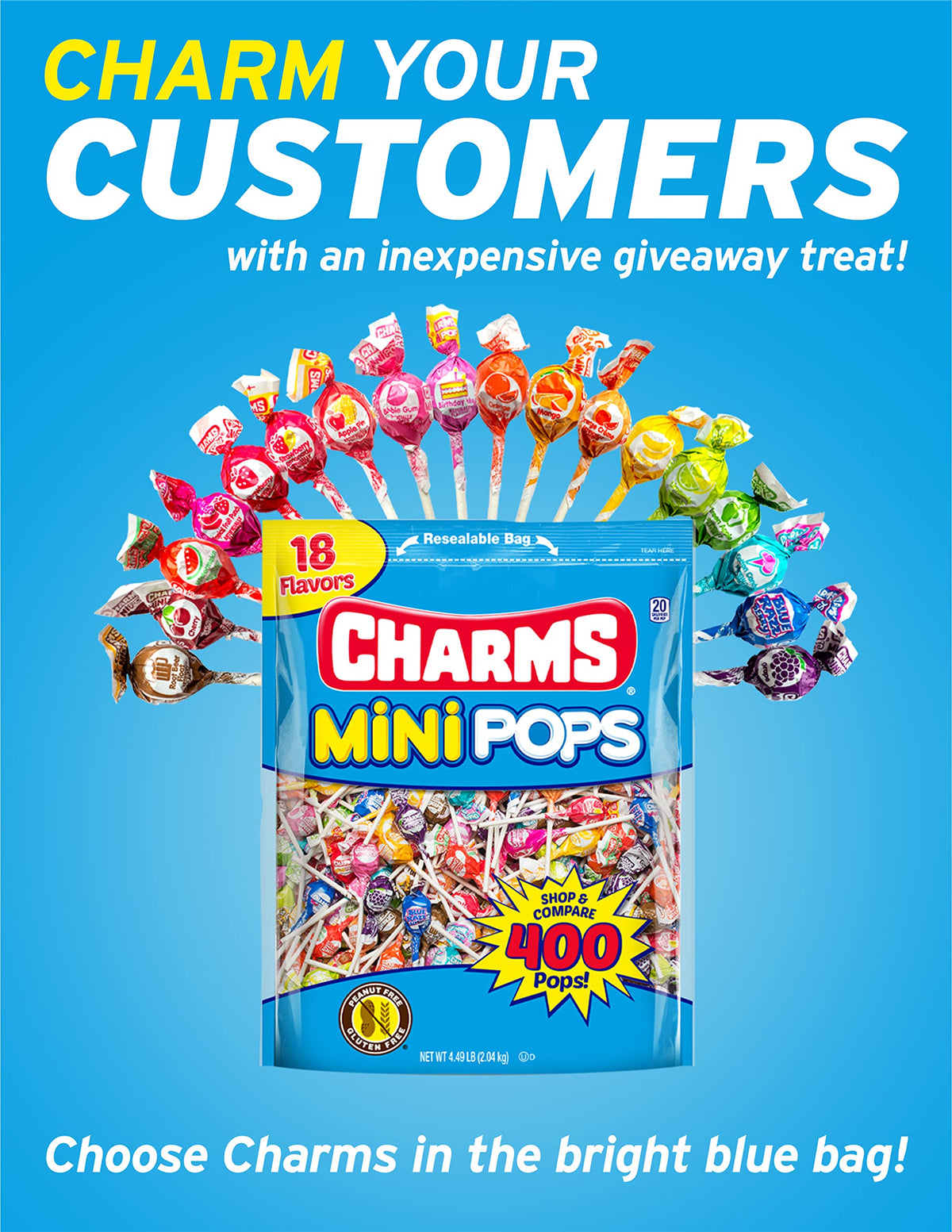 Charms Mini Pops assorted flavors close-up for on-the-go snacking.