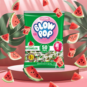 Charms Blow Pops Watermelon display, highlighting pink candy and playful gum center.