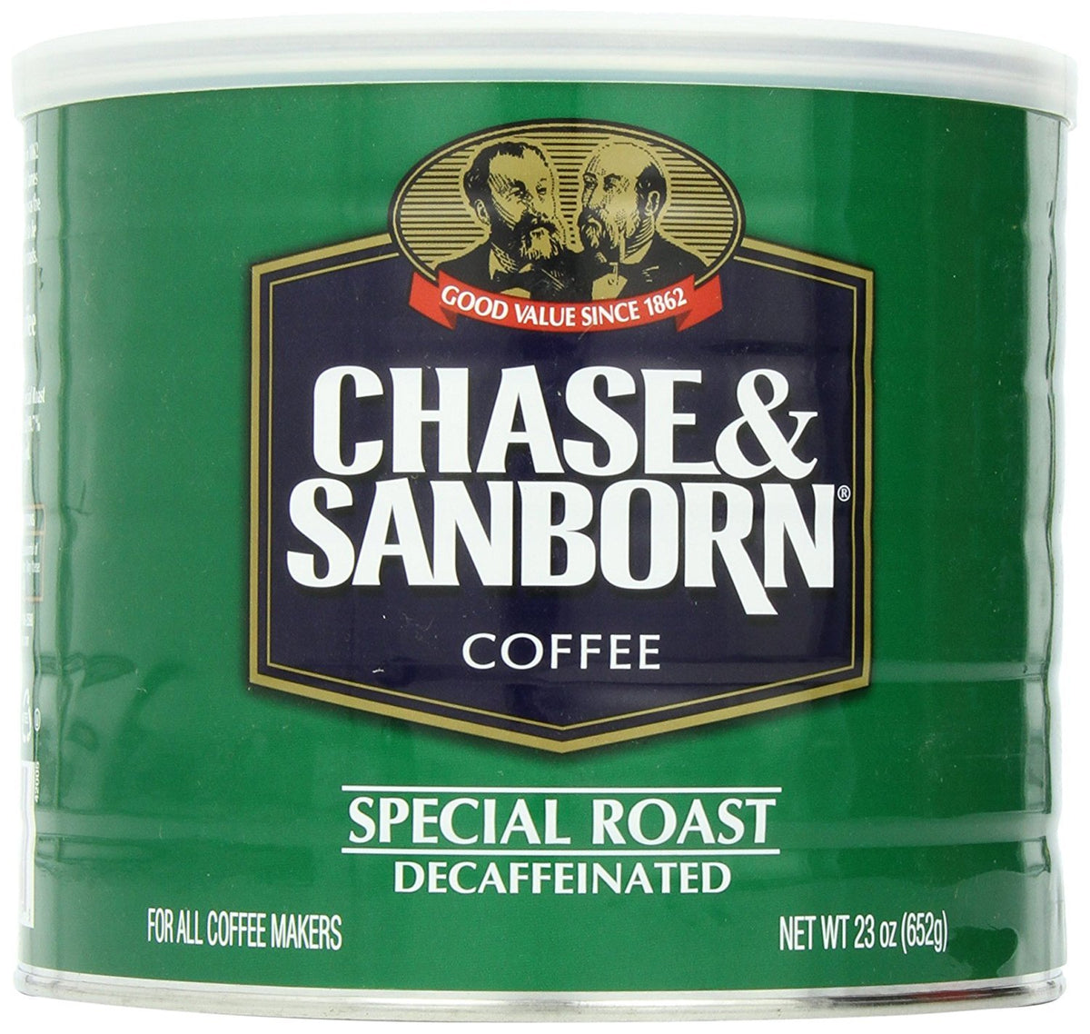 Chase & Sanborn Special Roast Decaf ground coffee pack, compatible with all brewers for balanced cups.