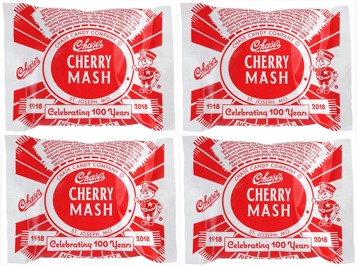 Chase's Cherry Mash bar four-pack display, a shareable chocolate cherry treat.