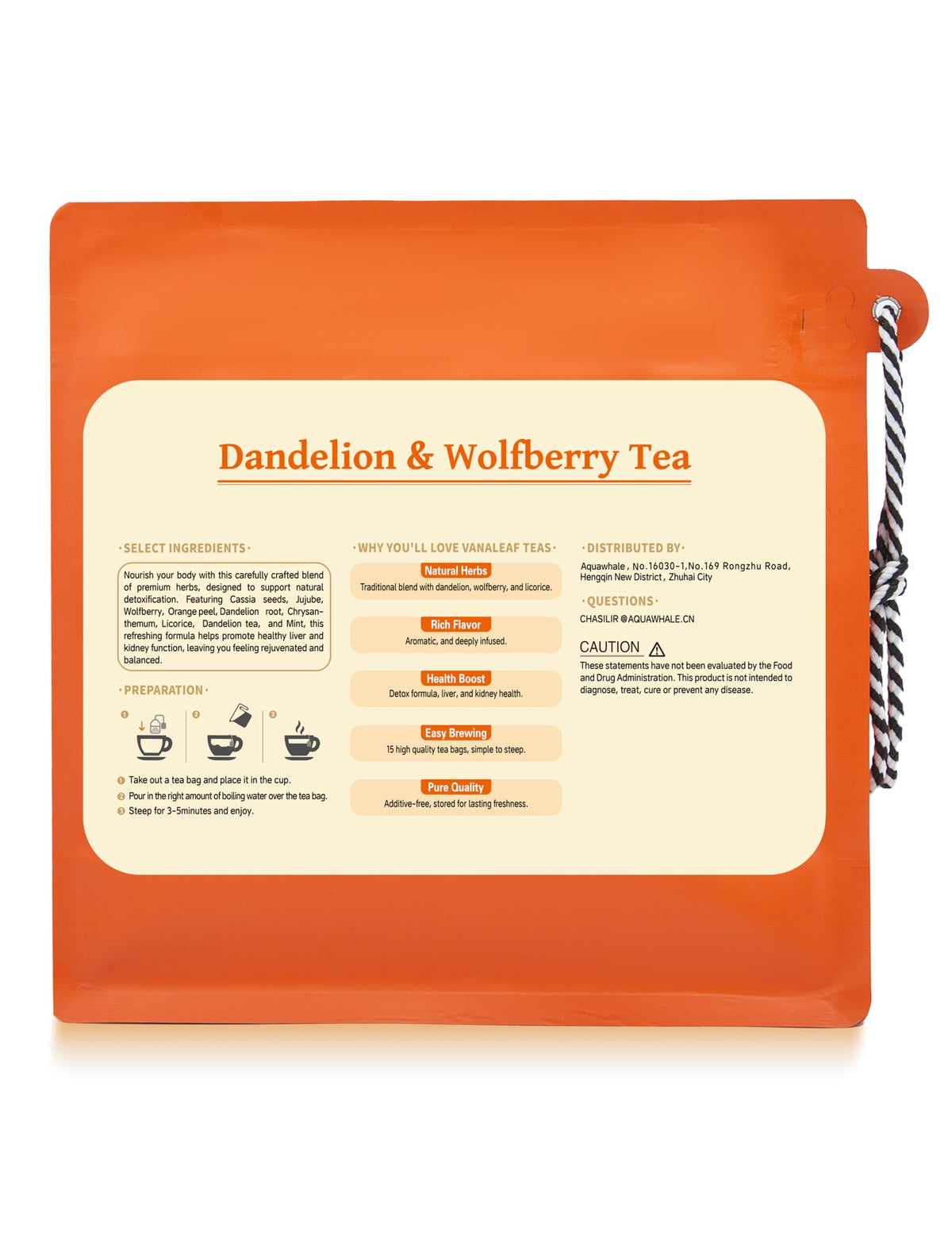 ChaSilir dandelion-wolfberry tea bag closeup with compostable packaging