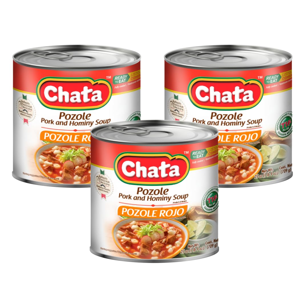 Chata Pozole red soup can showcasing pork and hominy for a quick meal