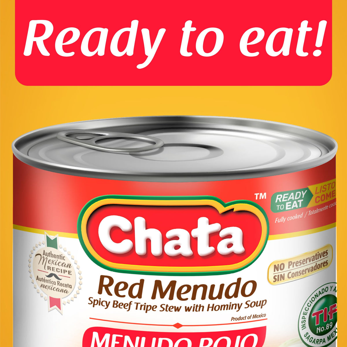 Chata Red Menudo ingredients close-up with hominy and spices, rich flavor base