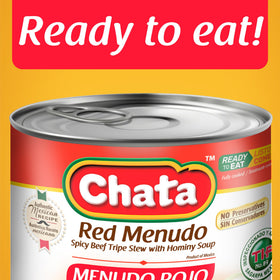 Chata Red Menudo ingredients close-up with hominy and spices, rich flavor base