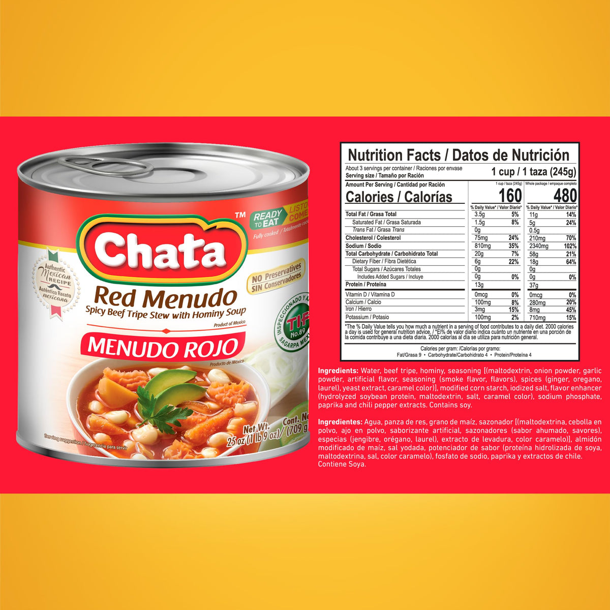 Chata Red Menudo opened can showing rich stew ready to heat for quick meals