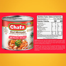 Chata Red Menudo opened can showing rich stew ready to heat for quick meals