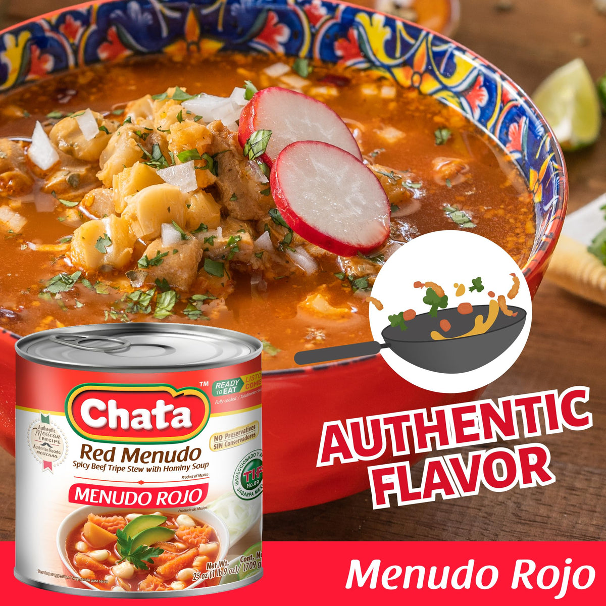 Chata Red Menudo 3-can pack on shelf for pantry storage