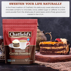 Chatfield's Carob Powder being poured into a creamy latte