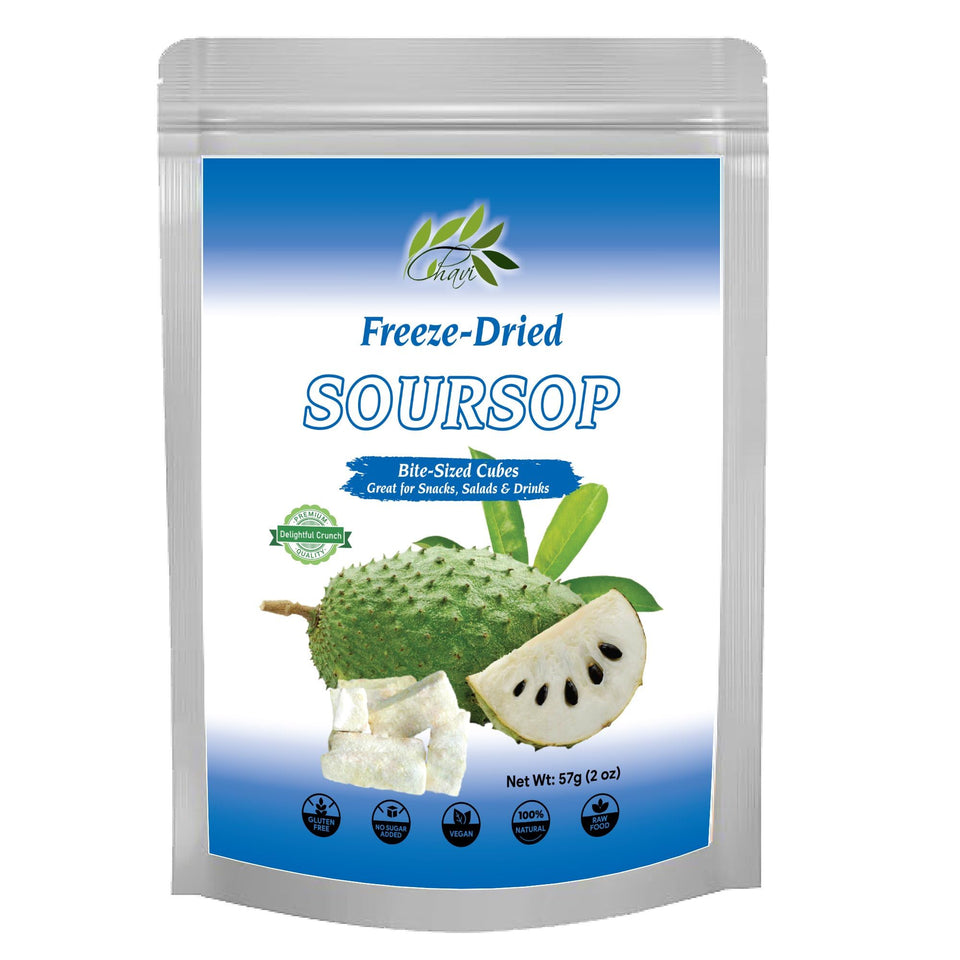 CHAVI Freeze-Dried Soursop 2oz pack showing crisp texture for quick, healthy snacking.