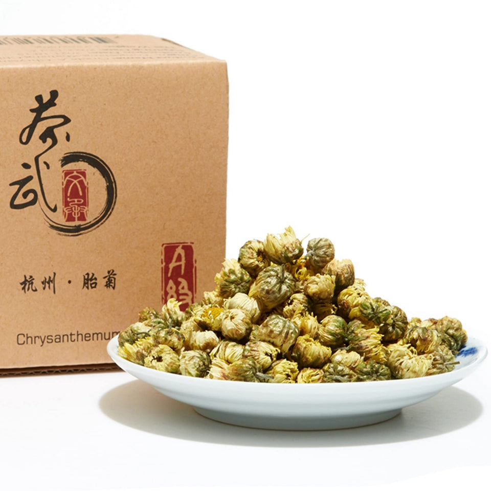 ChaWuWarmSun chrysanthemum-tea buds close-up, authentic Tongxiang origin, floral aroma for relaxation.