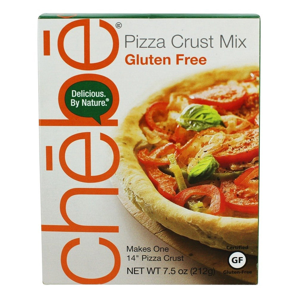 Chebe Bread Pizza Crust Mix packaging shows gluten-free eight-pack convenience.