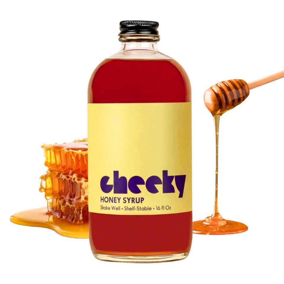 Cheeky Cocktails Honey Syrup bottle front, bar-quality sweetness.