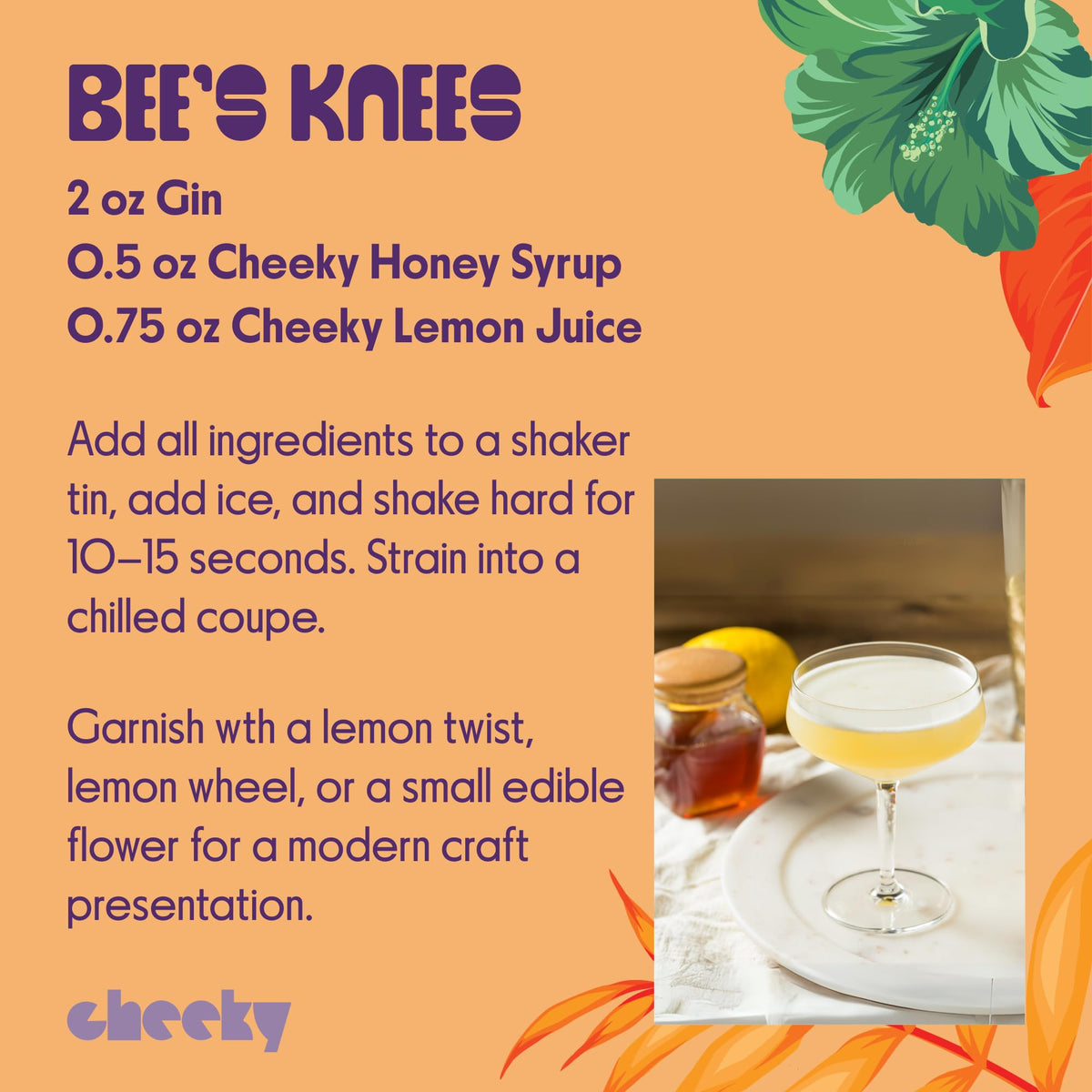 Cheeky Cocktails Honey Syrup label shows Grade A wildflower honey.