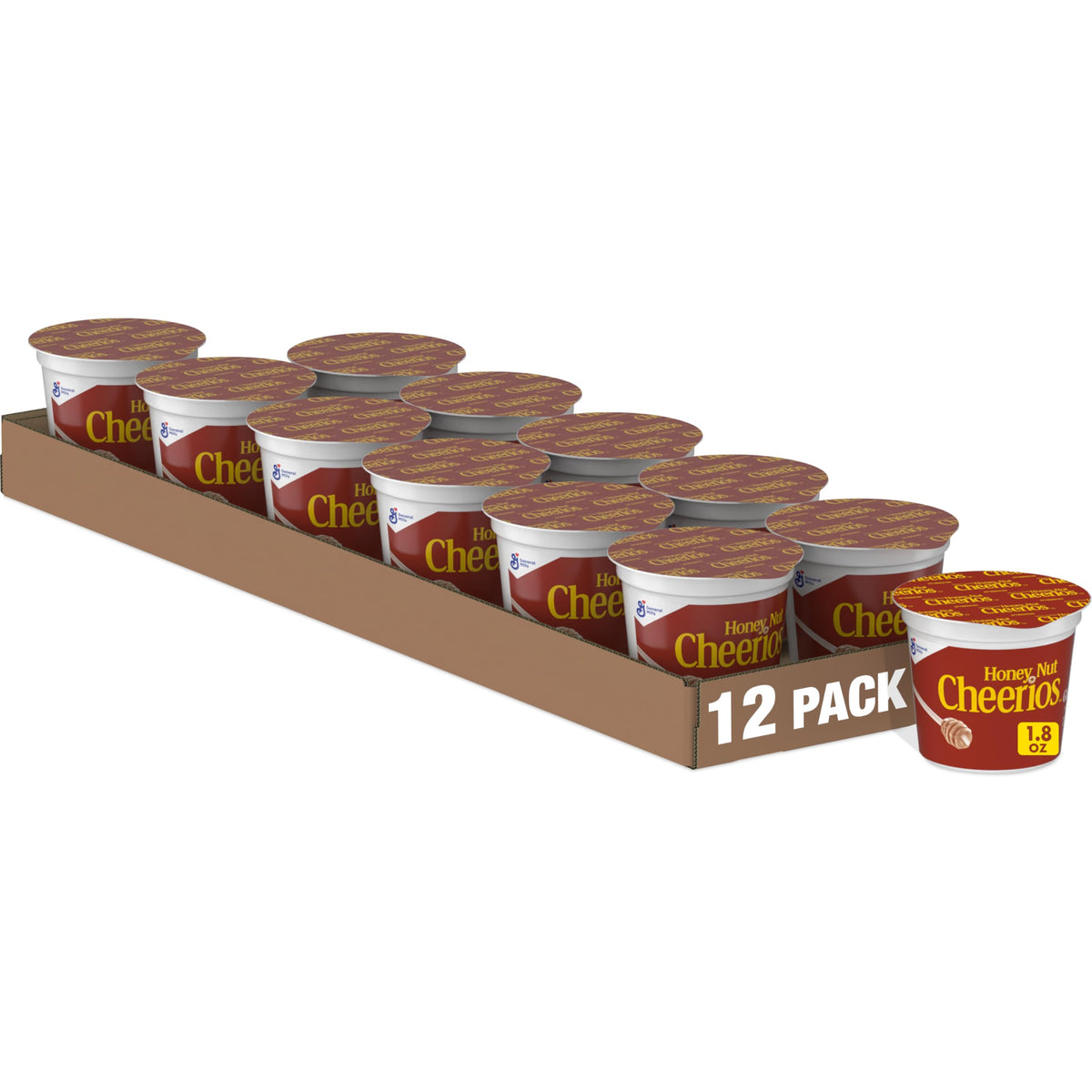 Cheerios Honey Nut cereal cup pack front, gluten-free on-the-go breakfast.