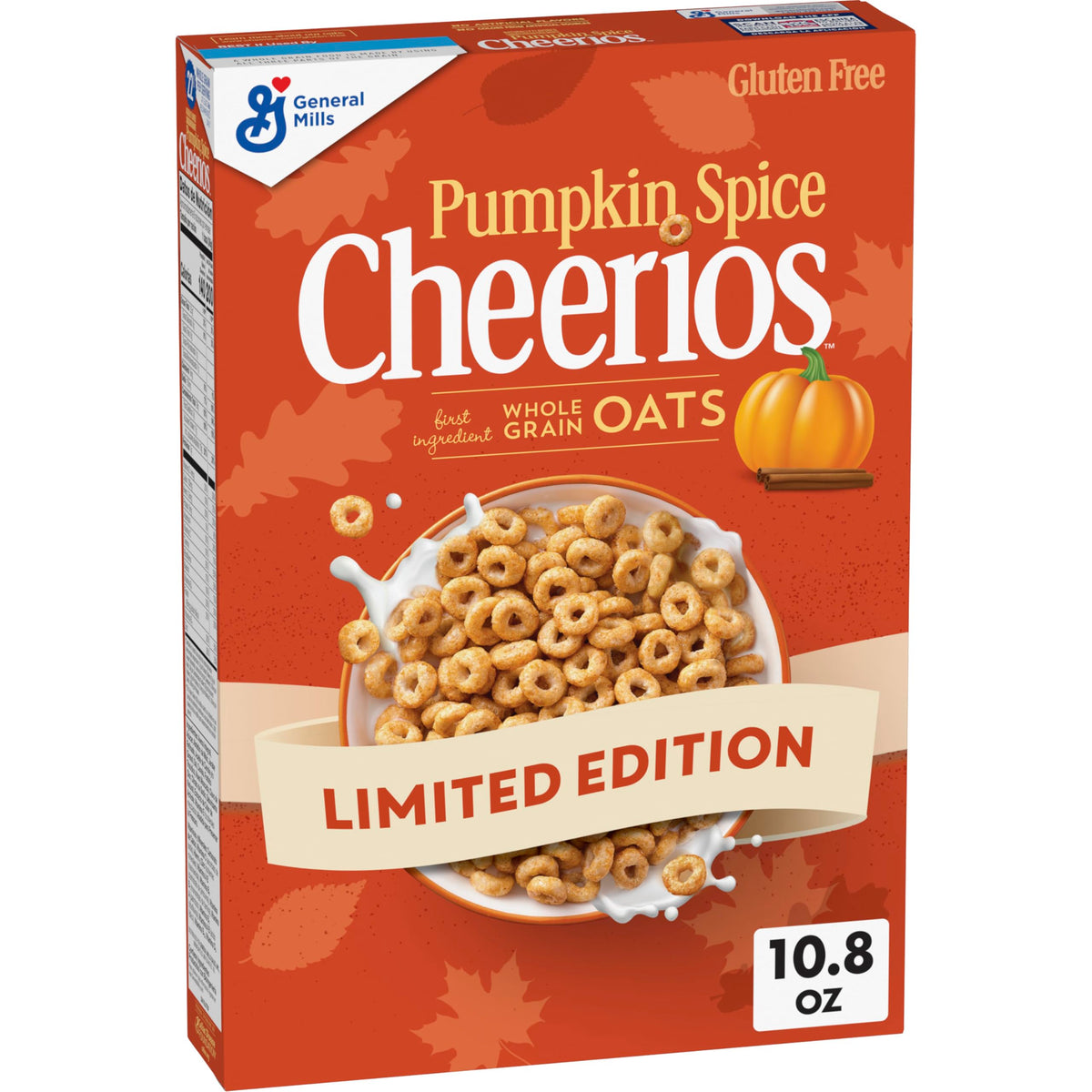 Cheerios Pumpkin Spice bowl with milk, fiber-rich breakfast option.