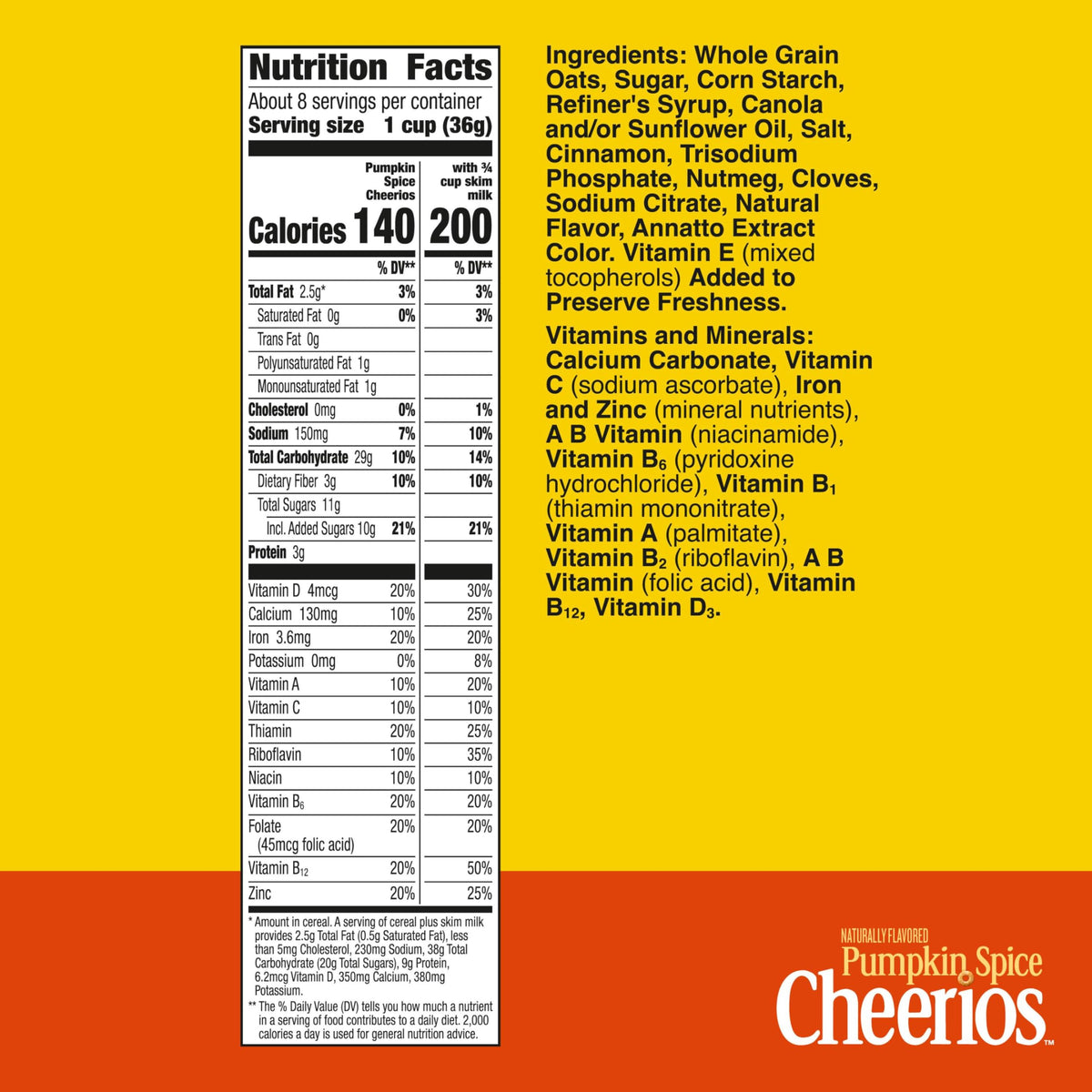 Pumpkin Spice Cheerios box front, gluten-free cereal for mornings.