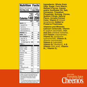 Pumpkin Spice Cheerios box front, gluten-free cereal for mornings.