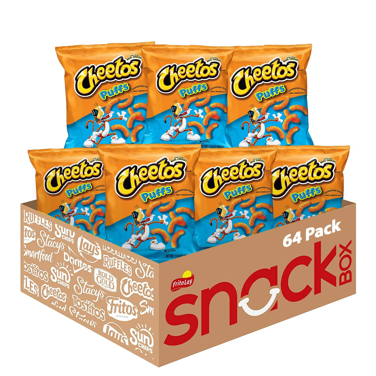Cheetos Cheese Puffs bag close-up showing cheesy flavor for on-the-go snacking.