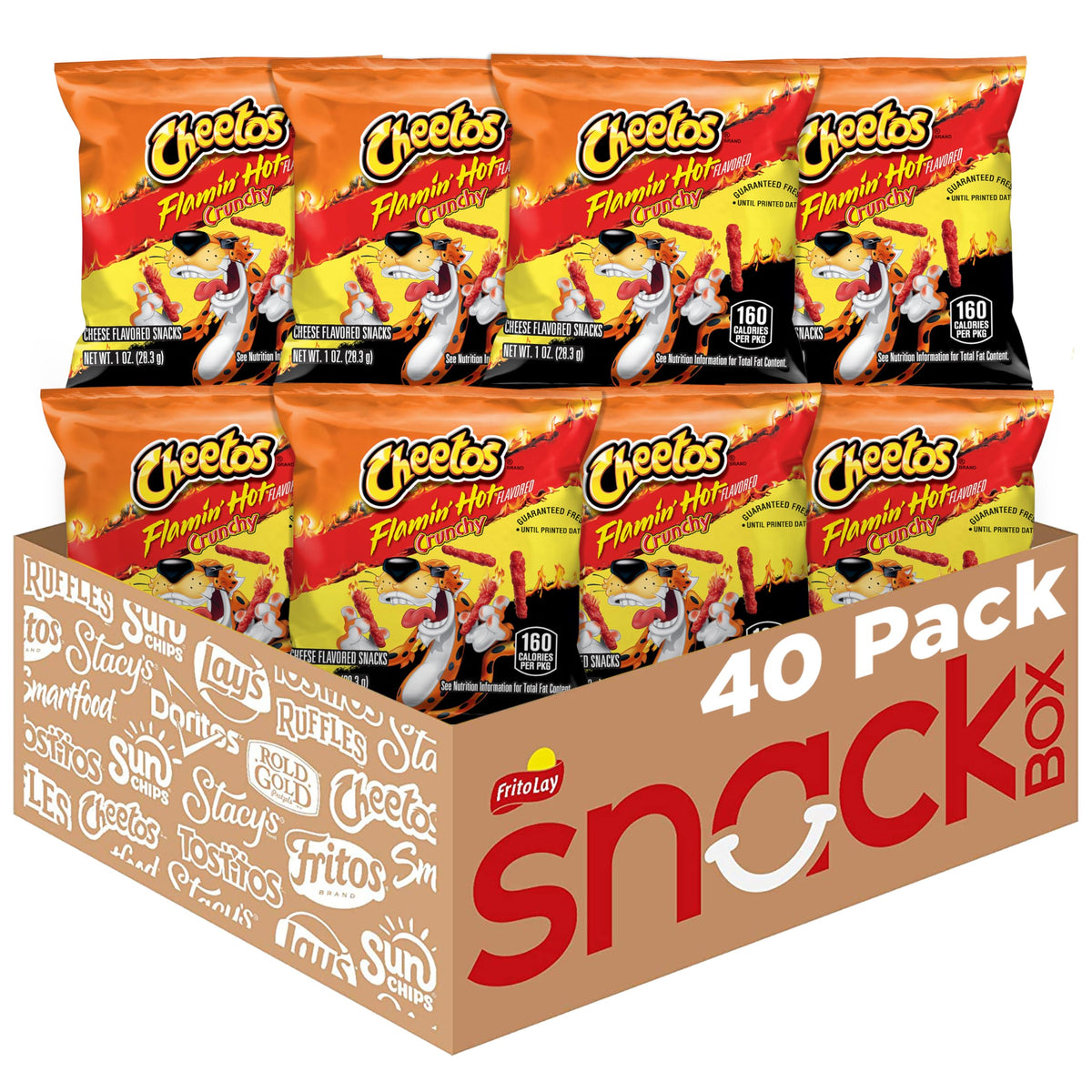 Cheetos Flamin' Hot Crunchy packaging display, convenient 40-pack for on-the-go snacking.